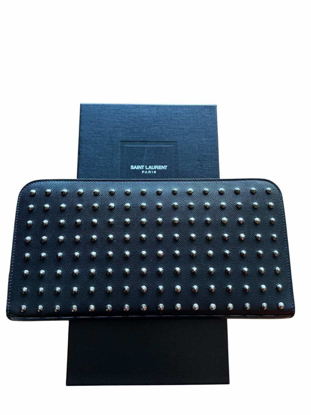 Saint Laurent Black Leather Zip Wallet with Silver Studs - New in Box